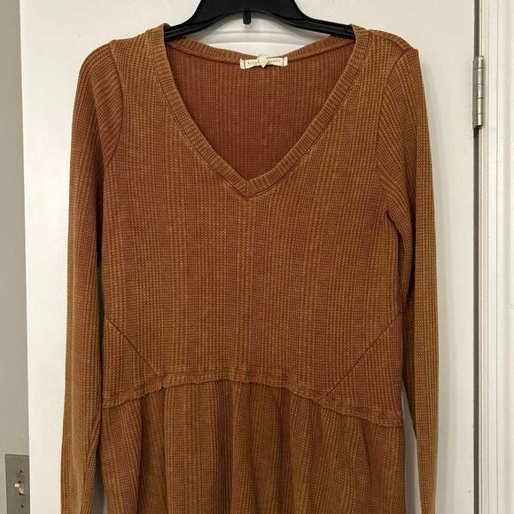 Guilded Intent Buckle Cotton Blend Brown Waffle Knit V Neck Peplum Hem Top New S - Picture 3 of 14